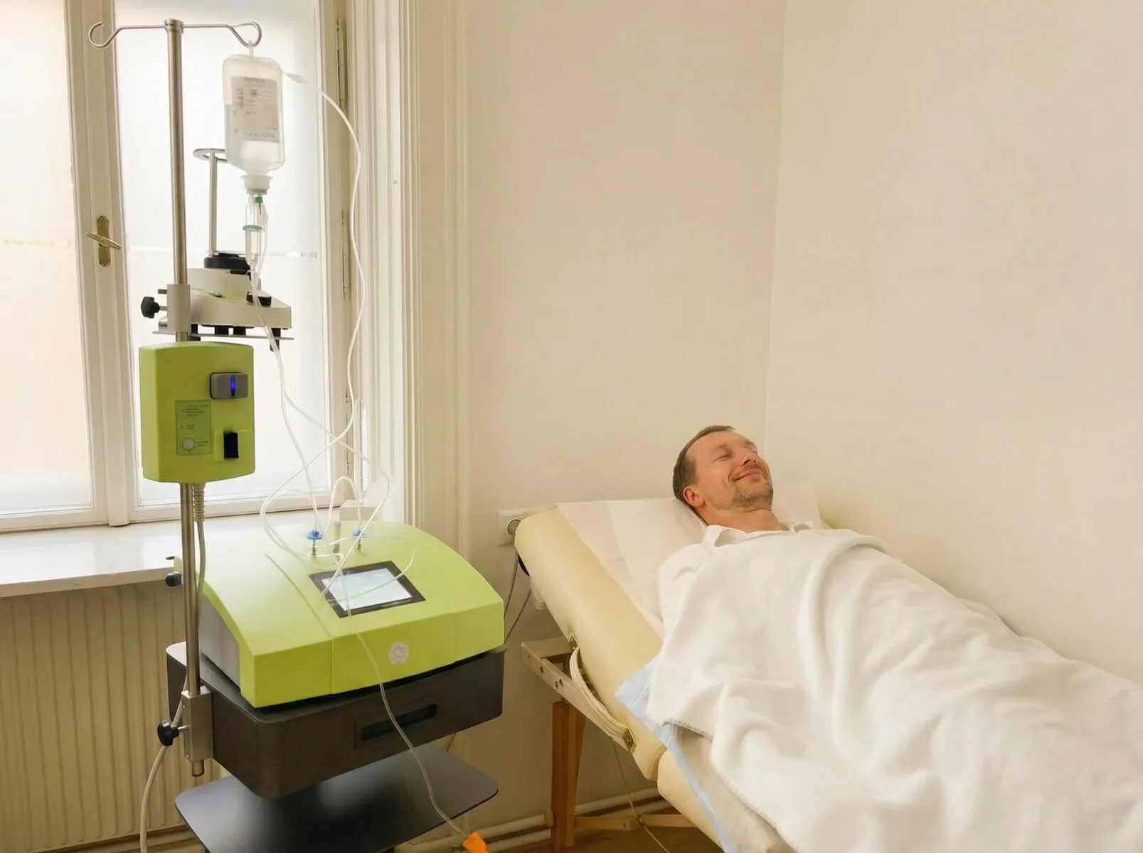Patient während einer Infusionstherapie kombiniert mit Neuromodulation