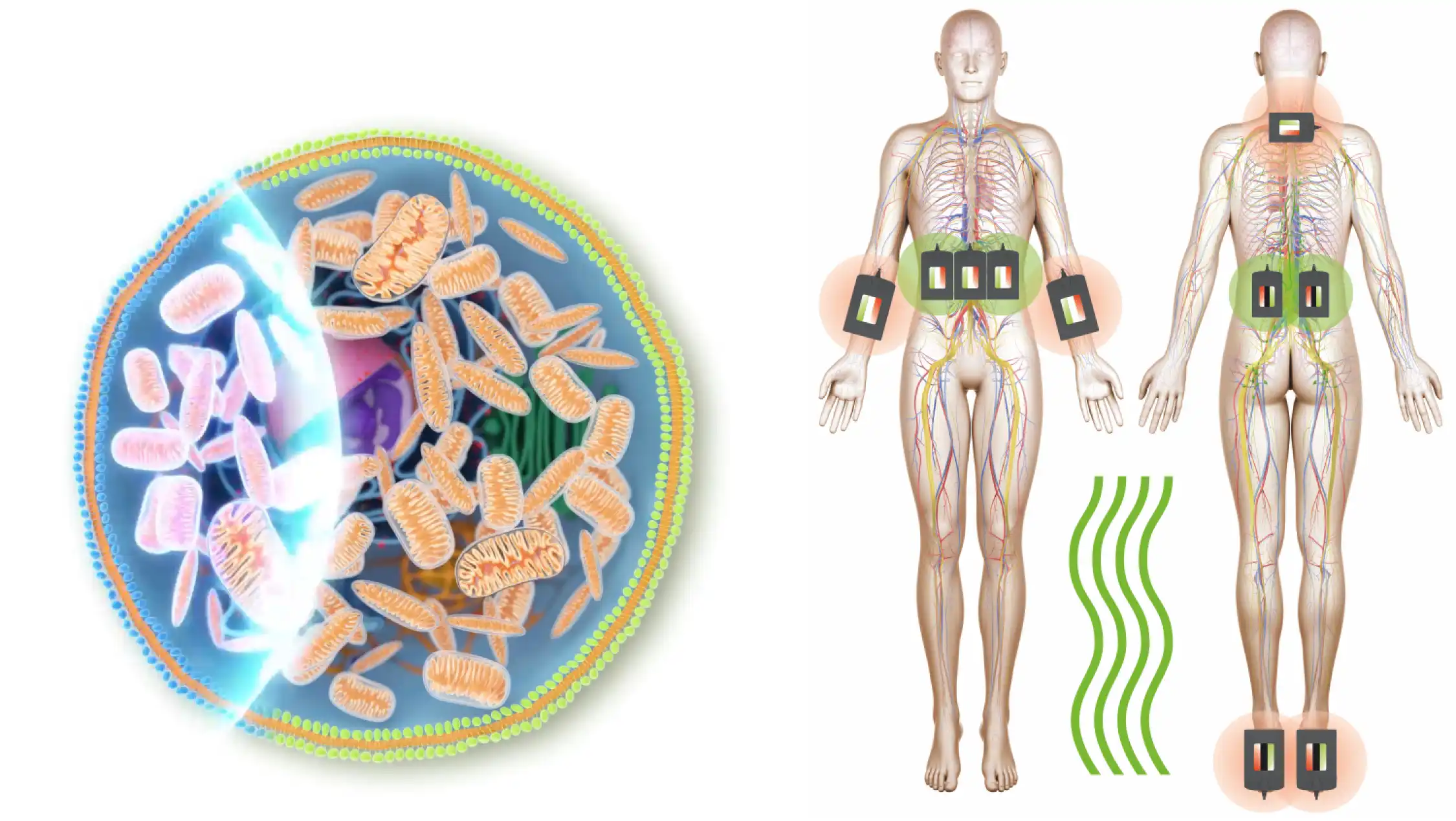 Illustration einer Zelle mit Bodyapplikation zur Veranschaulichung der bioelektrischen Wirkweise der me2.vie® Systemtherapie
